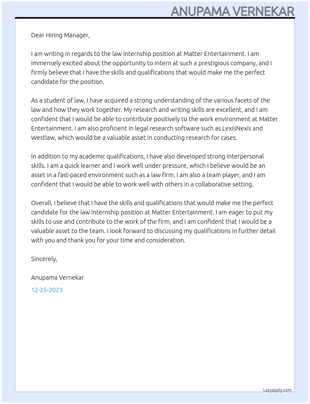 law internship At Matter entertainment Cover Letter