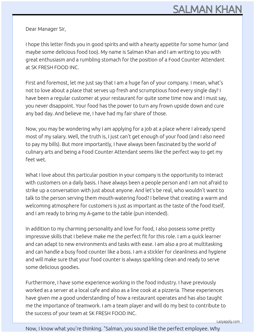 Food counter attendant  At SK FRESH FOOD INC. Cover Letter