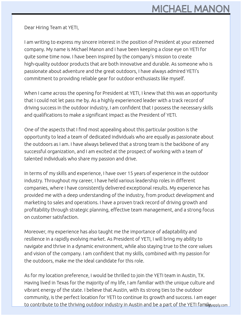 President At YETI Cover Letter