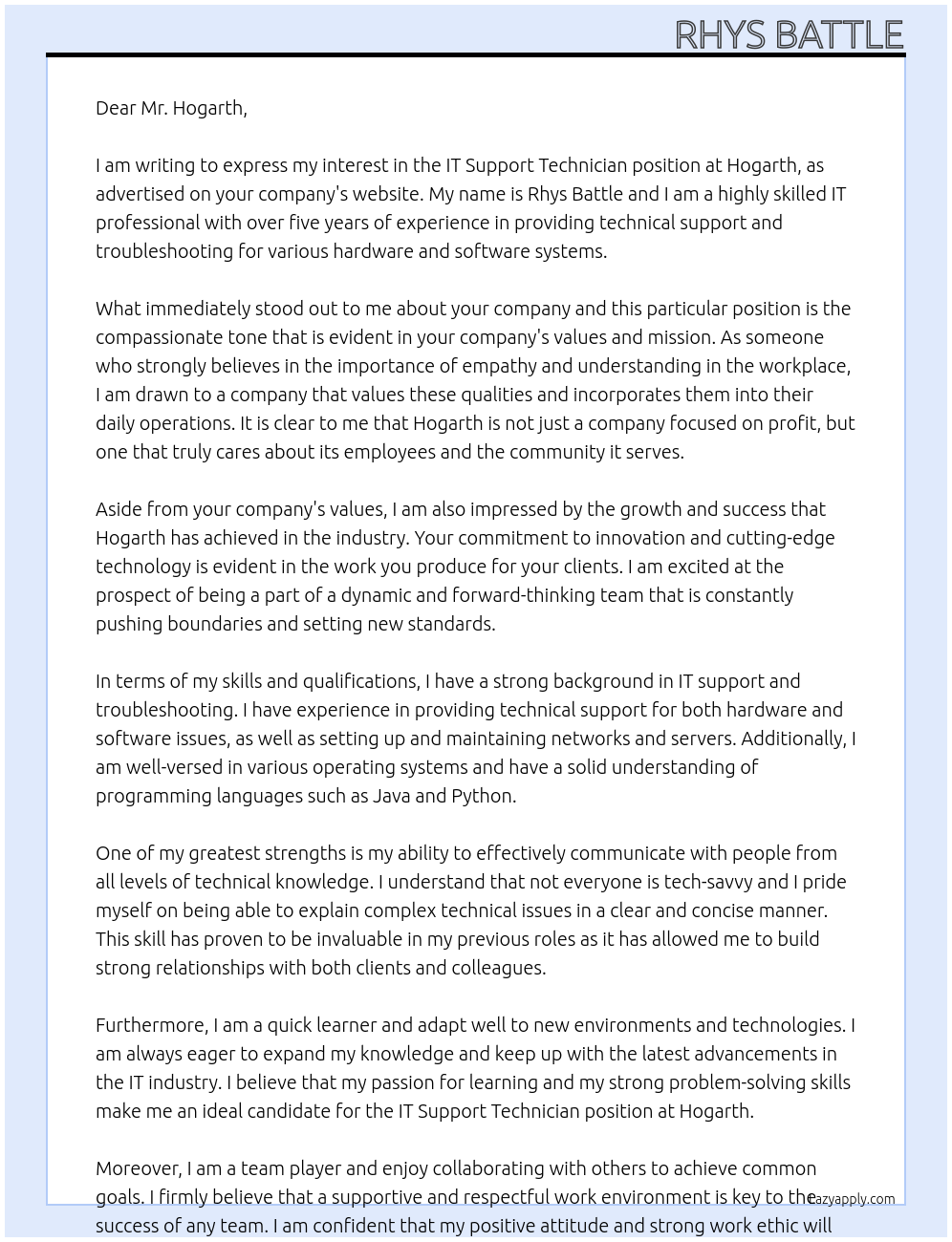 it support technician At hogarth Cover Letter