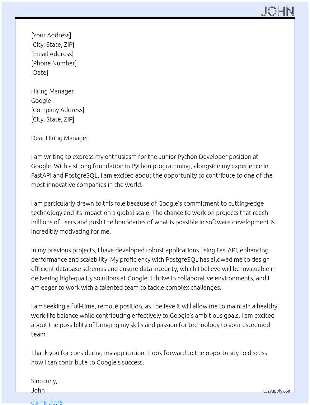 Junior Python Developer At Google Cover Letter