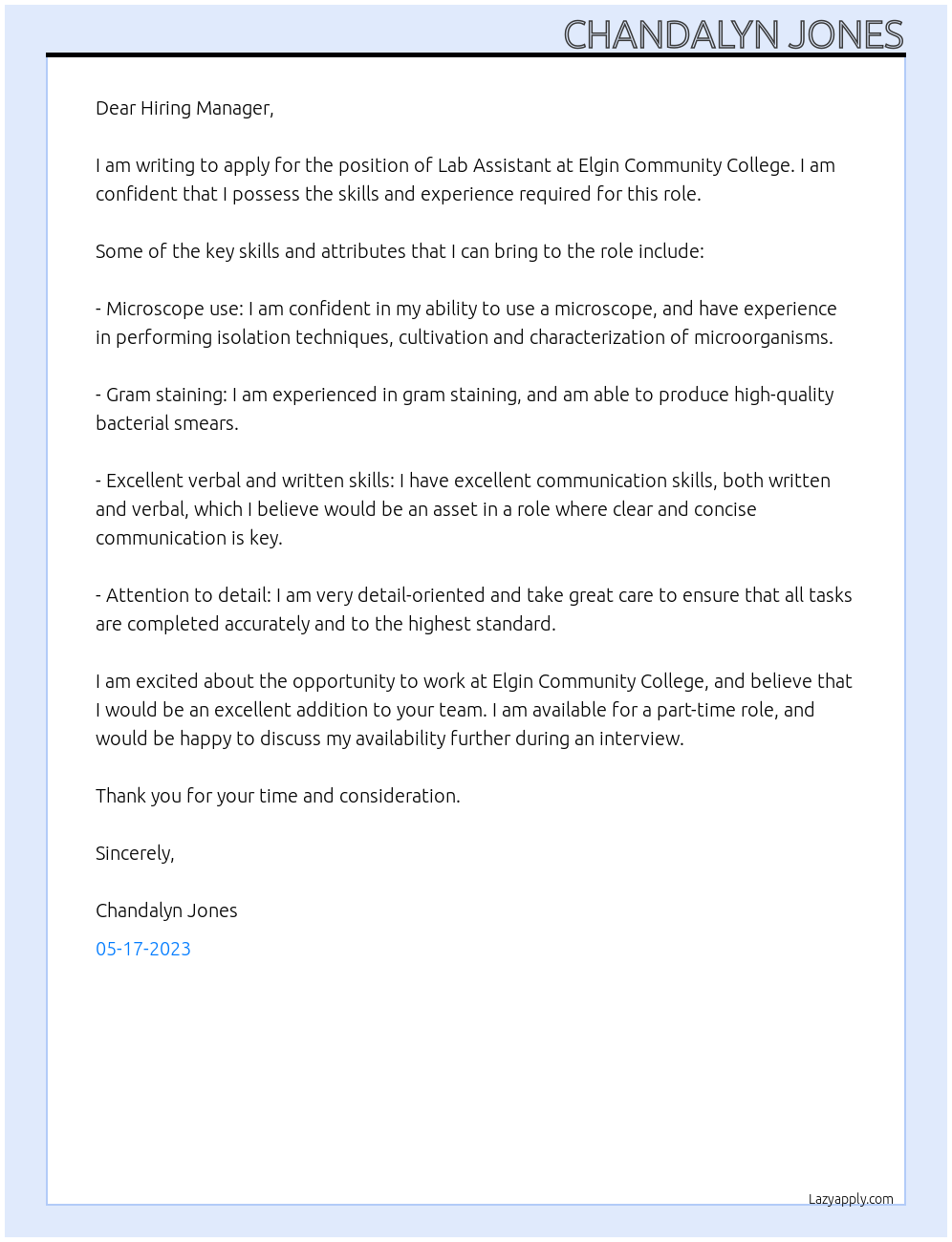 Lab assistant At Elgin Community college Cover Letter