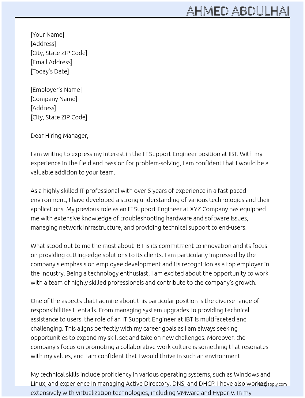 IT support engineer At IBT Cover Letter