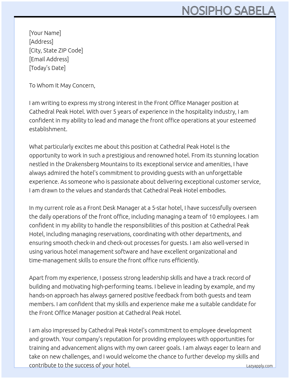 Front Office Manager At Cathedral Peak Hotel Cover Letter