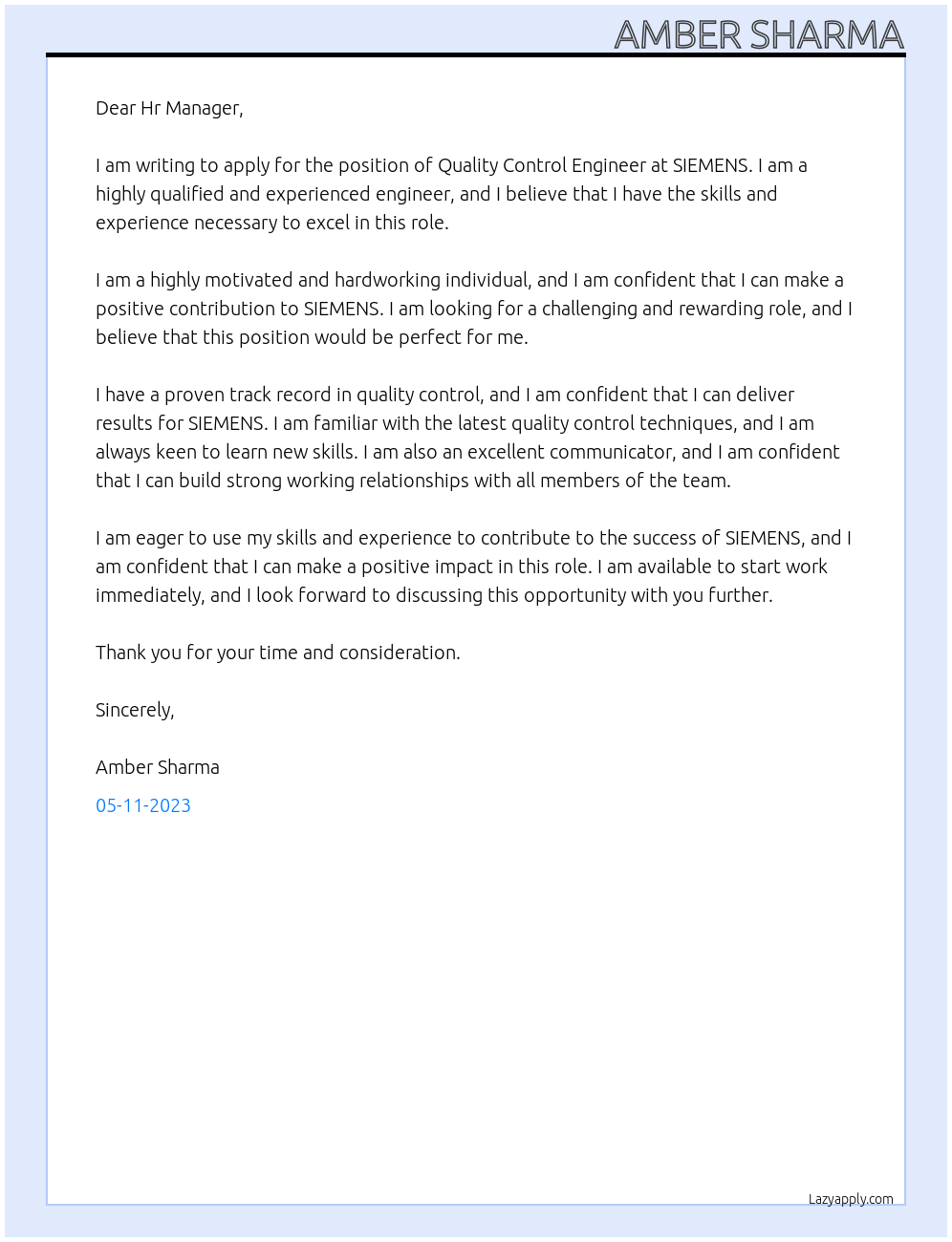Quality Control Engineer At SIEMENS Cover Letter