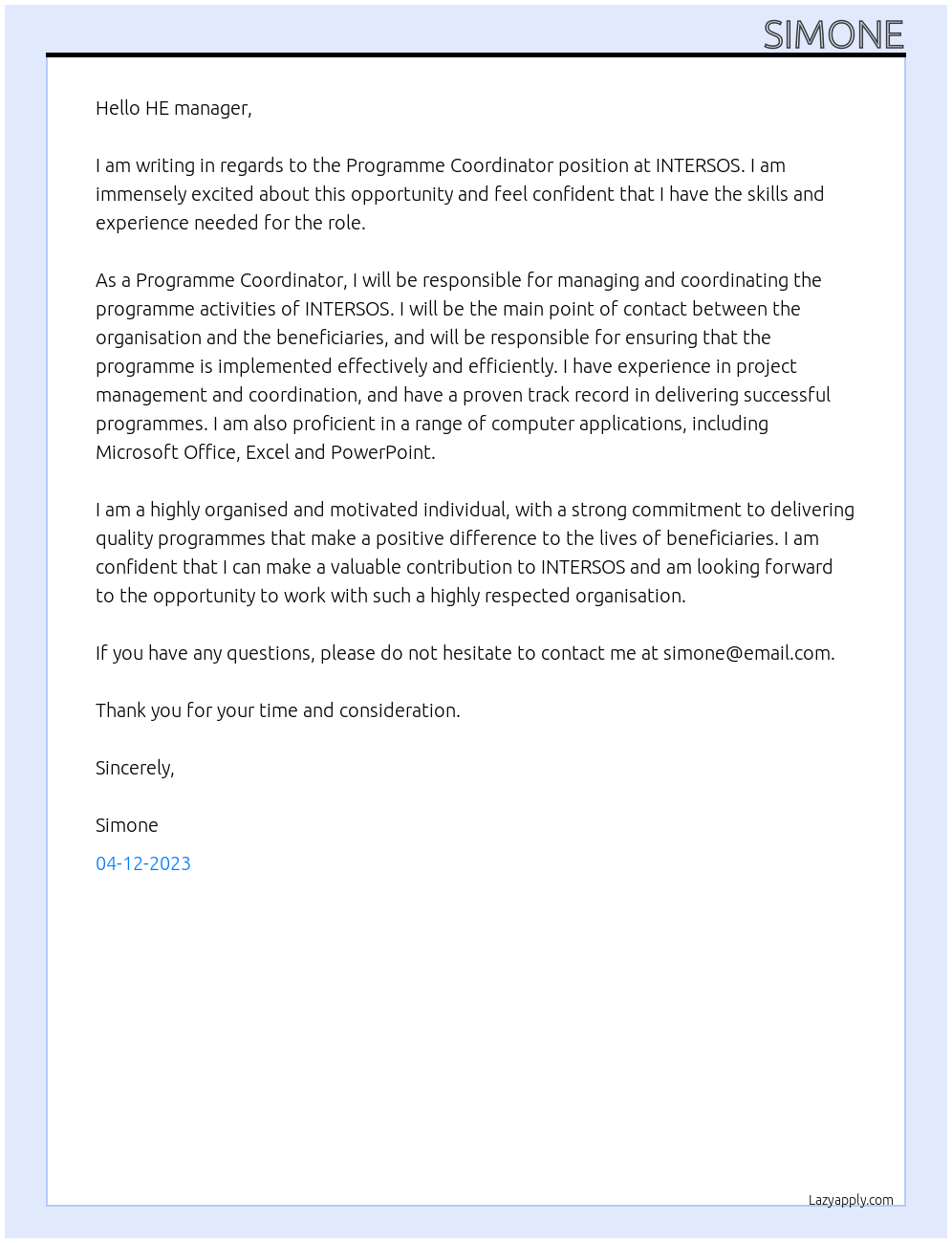 Programme Coordinator At INTERSOS Cover Letter