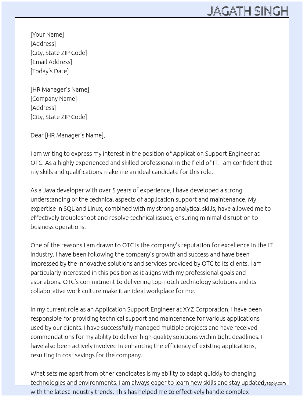 Application Support Engineer At OTC Cover Letter