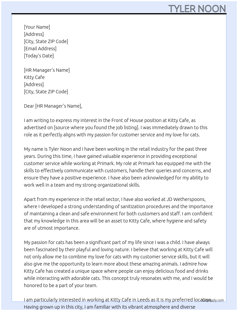Front of house At Kitty Cafe Cover Letter