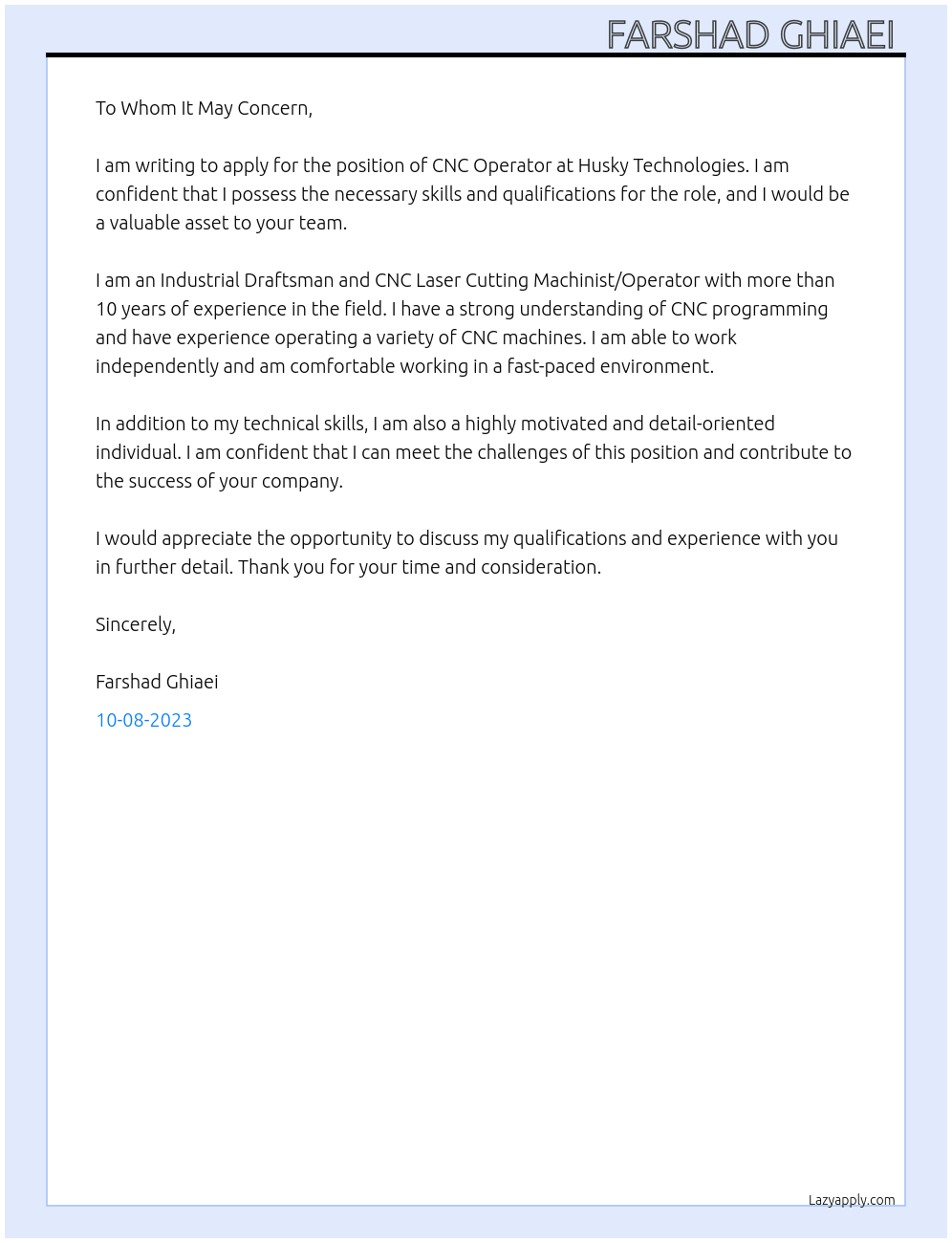 CNC Operator At Husky Technologies Cover Letter