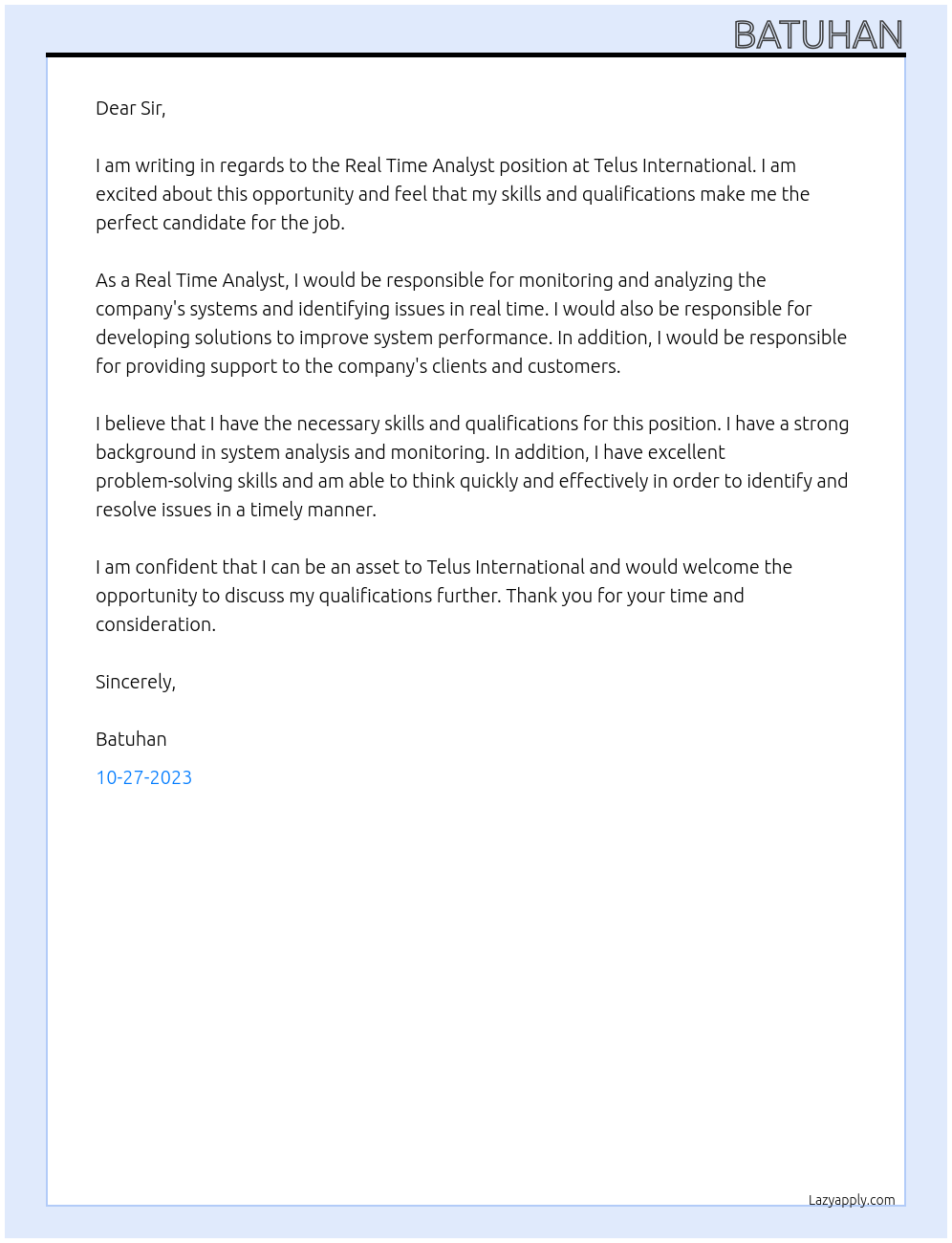 Real Time Analyst At Telus International Cover Letter