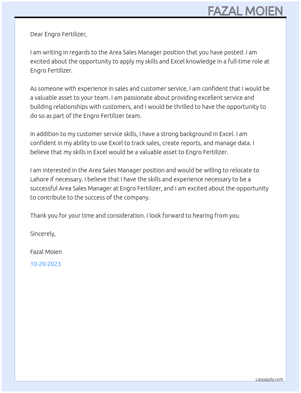 Area Sales Manager At Engro Fertilizer Cover Letter