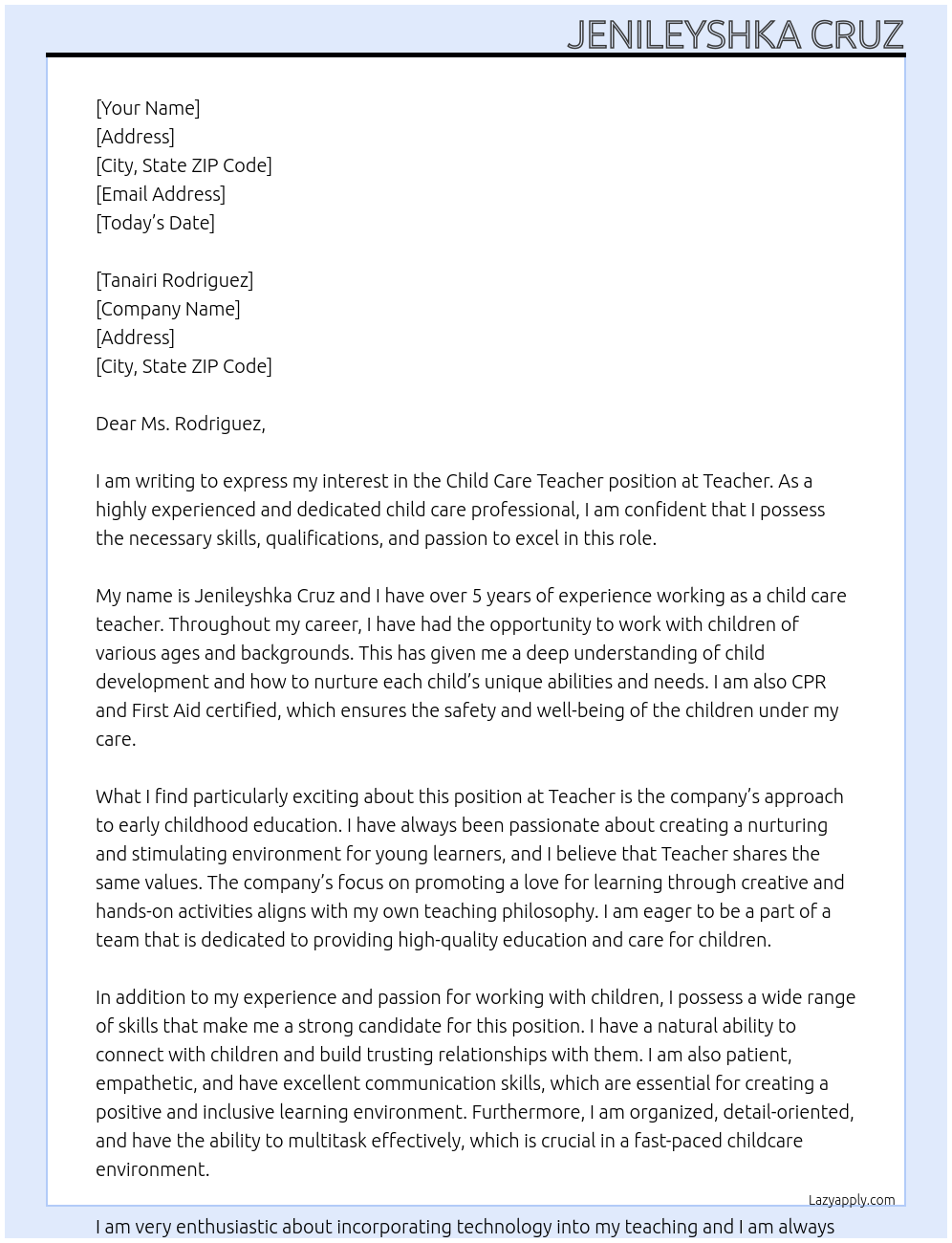 Child care teacher  At Teacher  Cover Letter