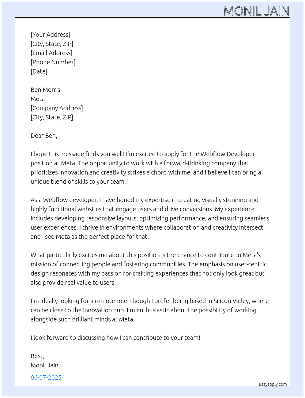 Webflow developer At Meta Cover Letter