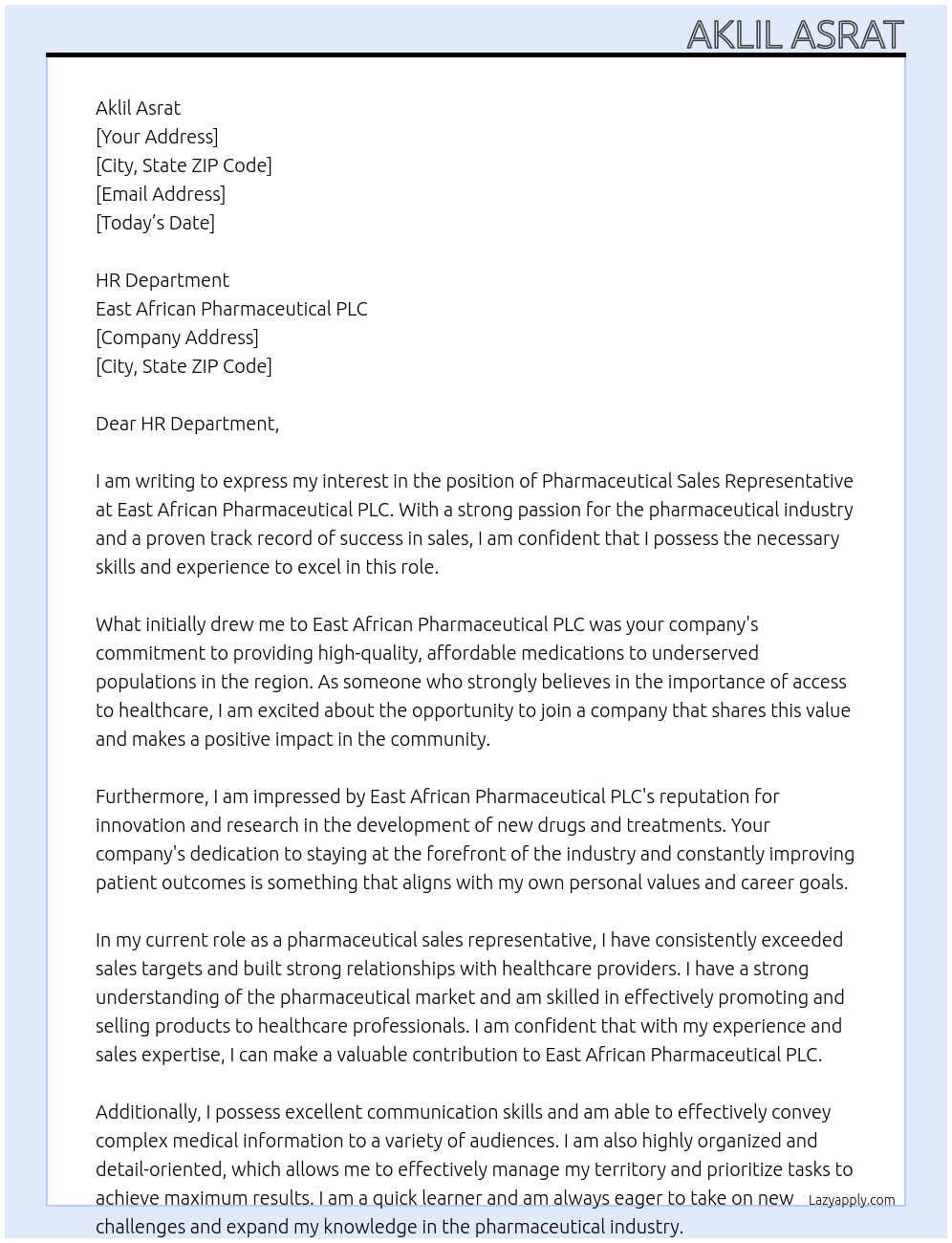 Pharmaceutical sales representative  At East African pharmaceutical plc Cover Letter
