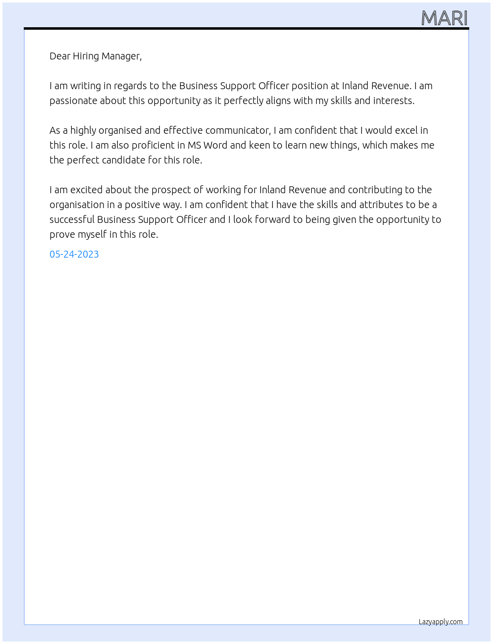 Business Support Officer At Inland Revenue Cover Letter