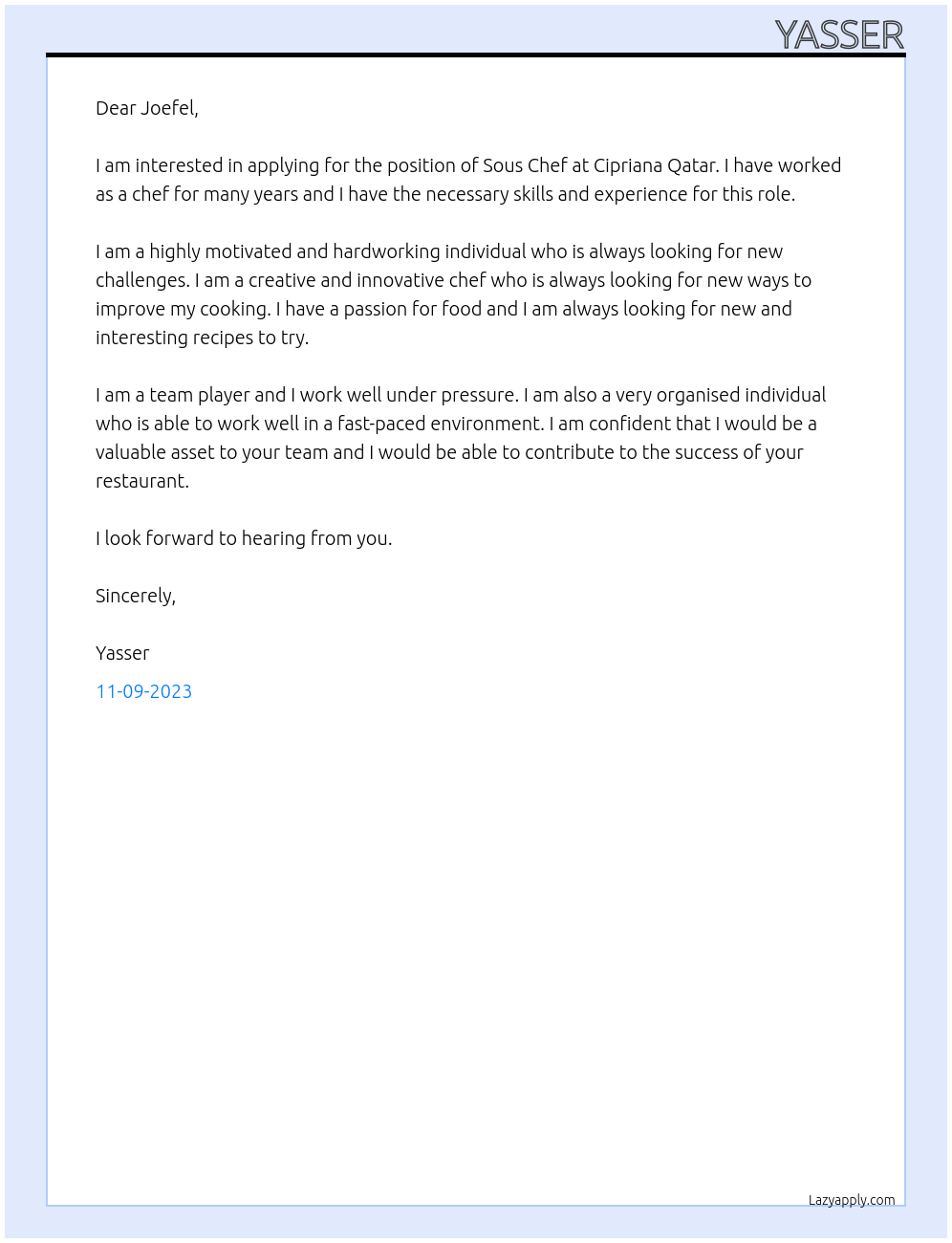 Sous Chef At Cipriana Qatar Cover Letter