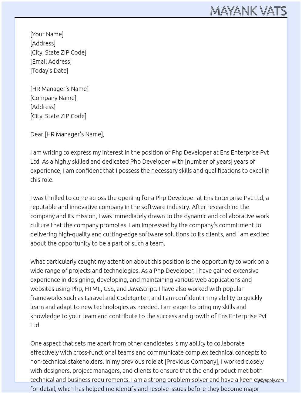 Php developer  At Ens Enterprise pvt ltd  Cover Letter