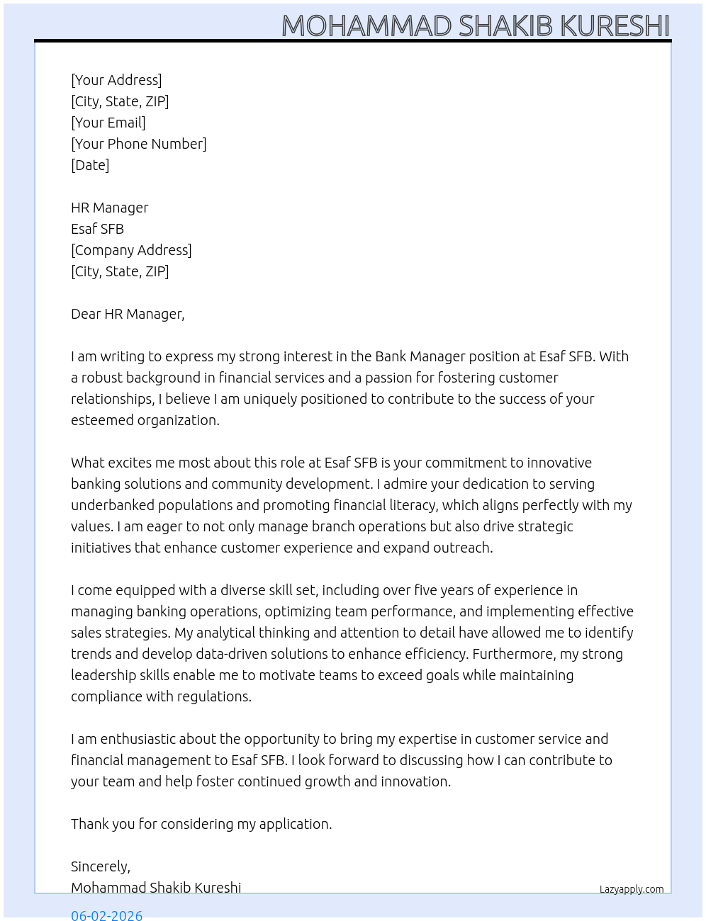 Bank Manager At Esaf SFB Cover Letter