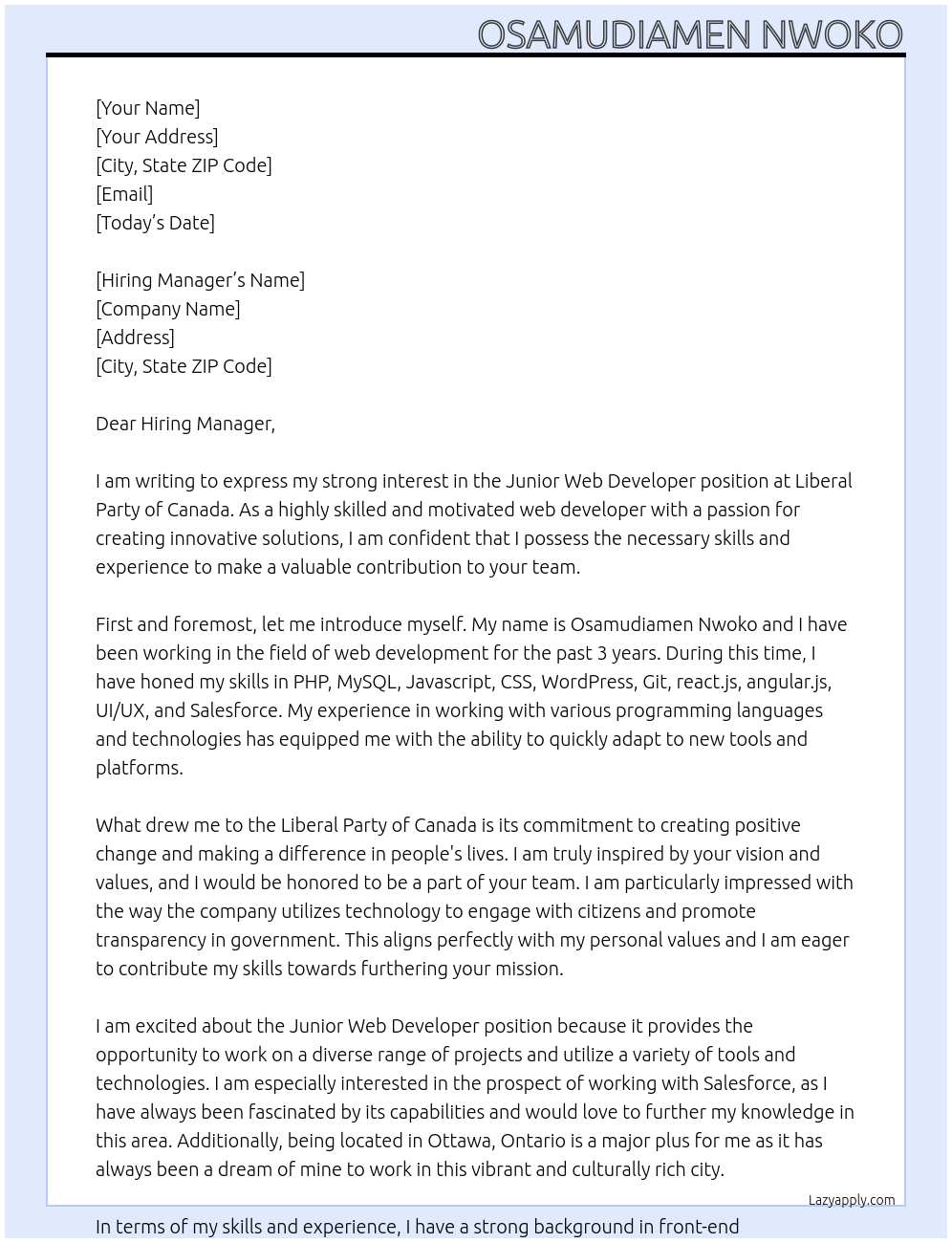 Junior Web Developer At Liberal Party of Canada Cover Letter