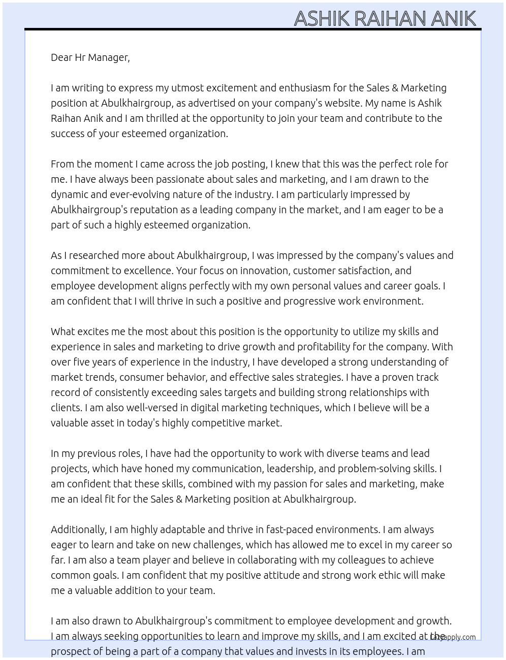 Sales & Marketing At Abulkhairgroup Cover Letter