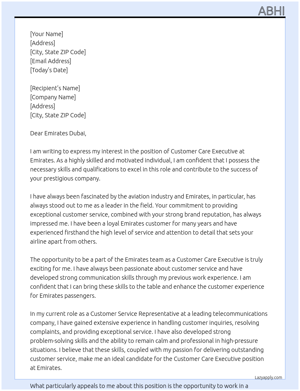 Customer care executive At Emirates Cover Letter