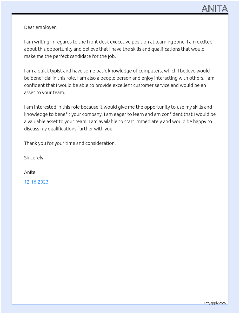 front desk executive At learning zone Cover Letter