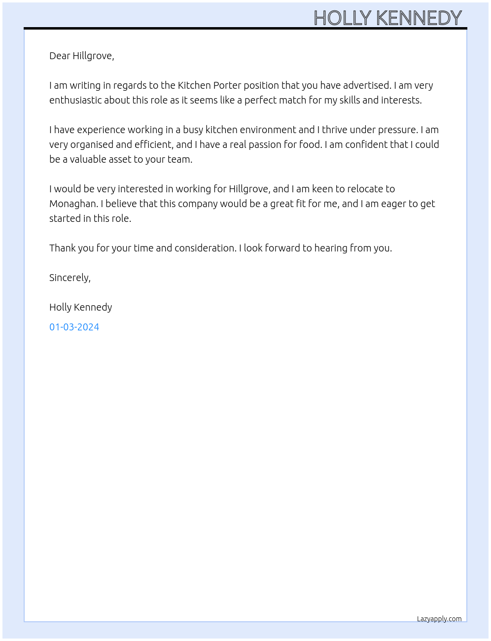 Kitchen porter At Hillgrove Cover Letter