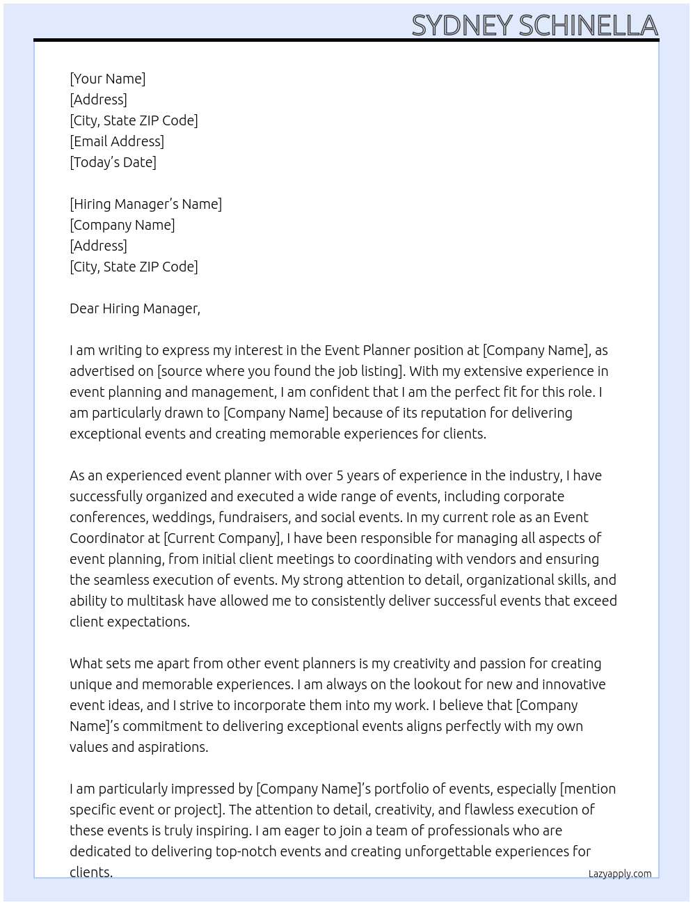 Event Planner At Unknown Cover Letter