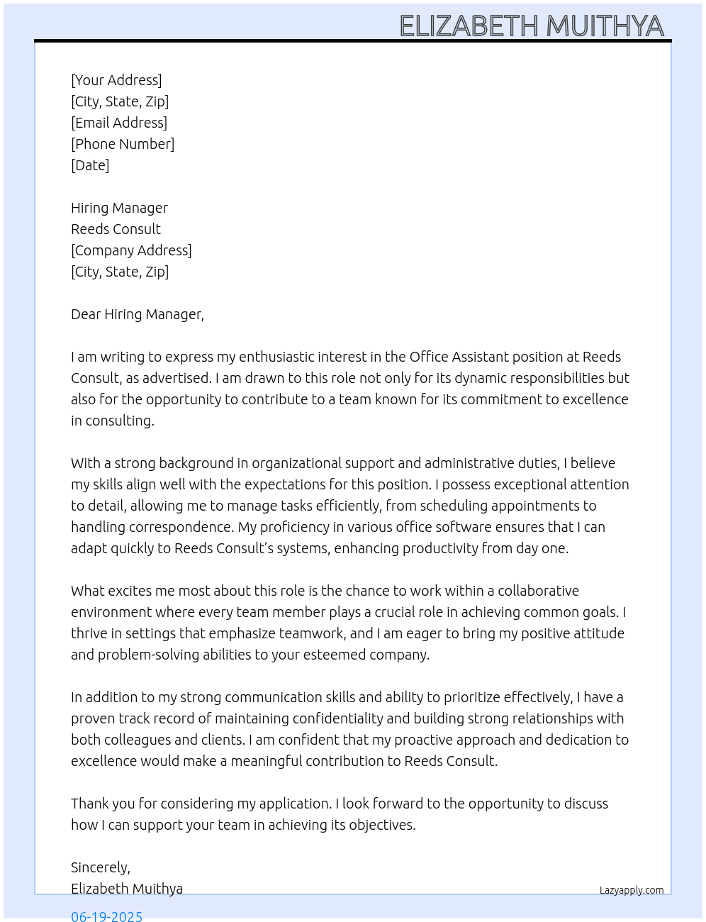 Office assistant  At Reeds consult Cover Letter