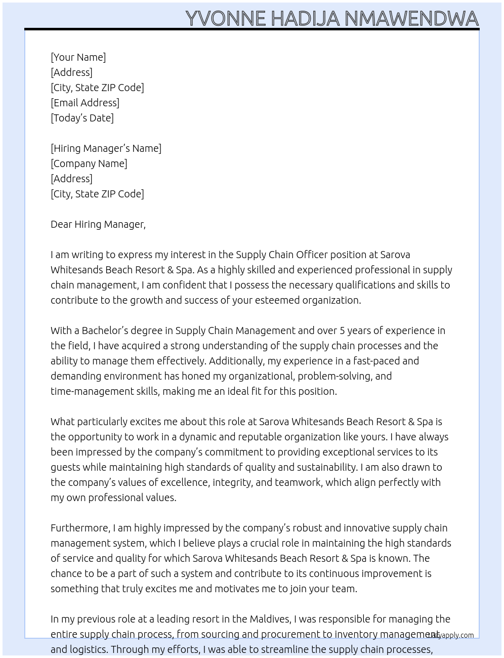 Supply Chain officer At Sarova Whitesands Beach Resort & Spa Cover Letter