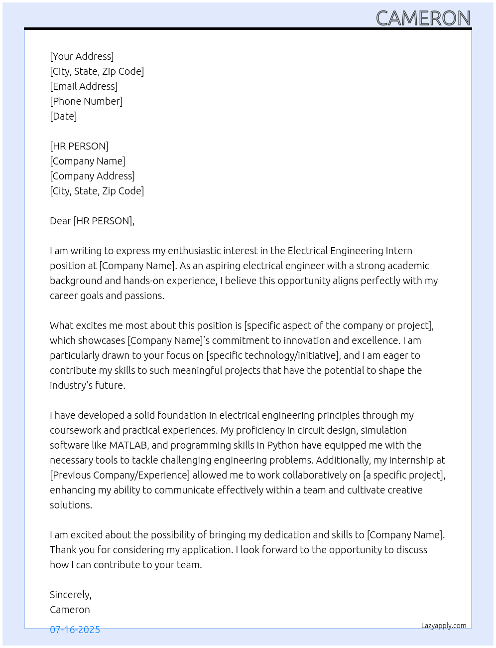 Cover letter for electrical engineering intern - LazyApply