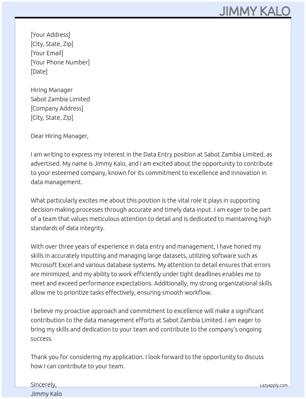 Data Entry At Sabot zambia limited Cover Letter