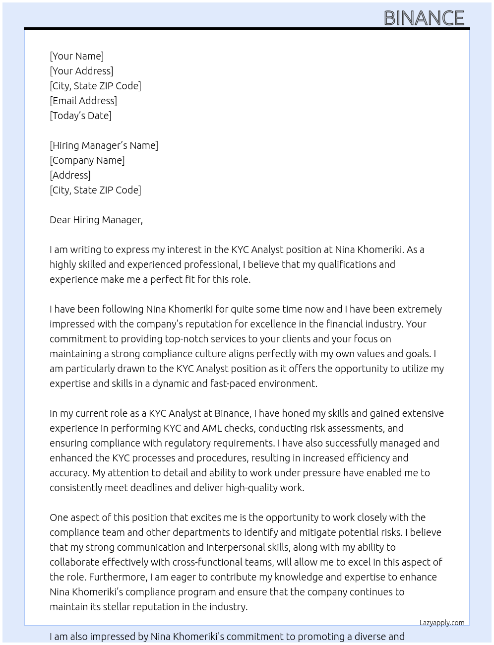 KYC Analyst At Nina Khomeriki Cover Letter