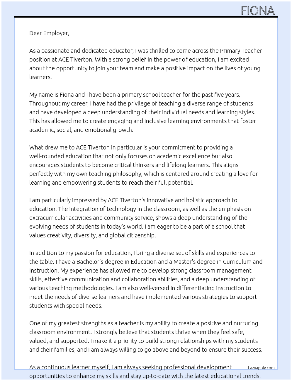 Primary Teacher At ACE Tiverton Cover Letter