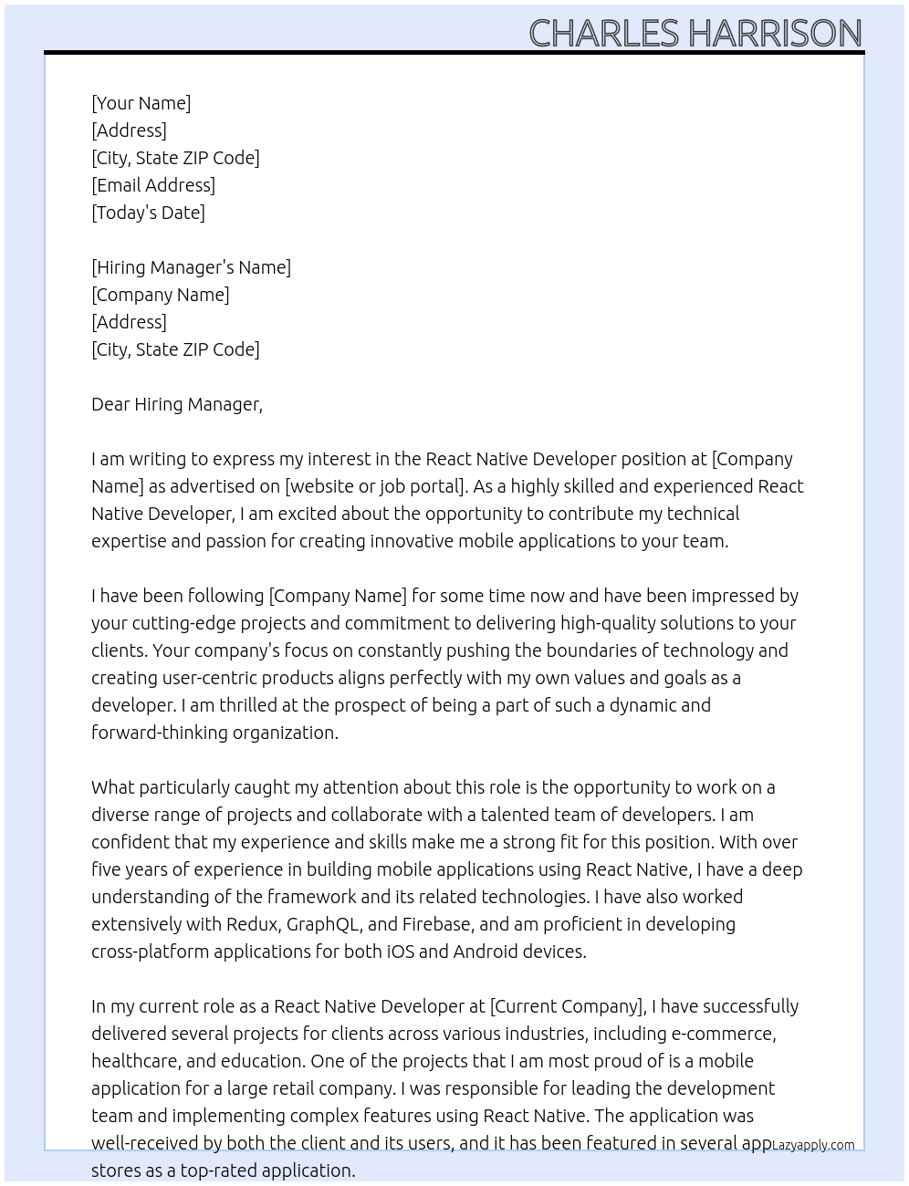 React Native Developer At freelancer Cover Letter