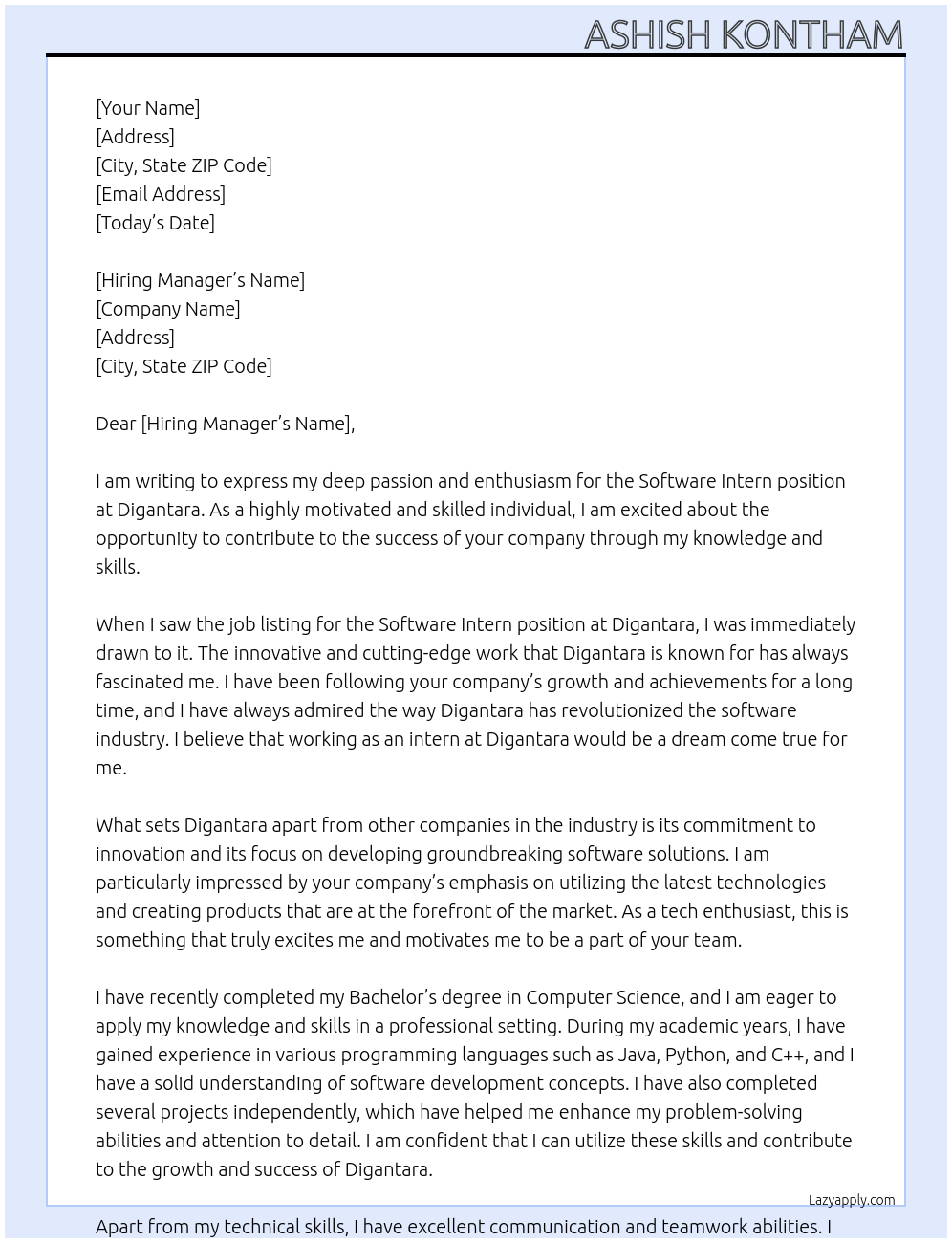 Software intern At Digantara Cover Letter