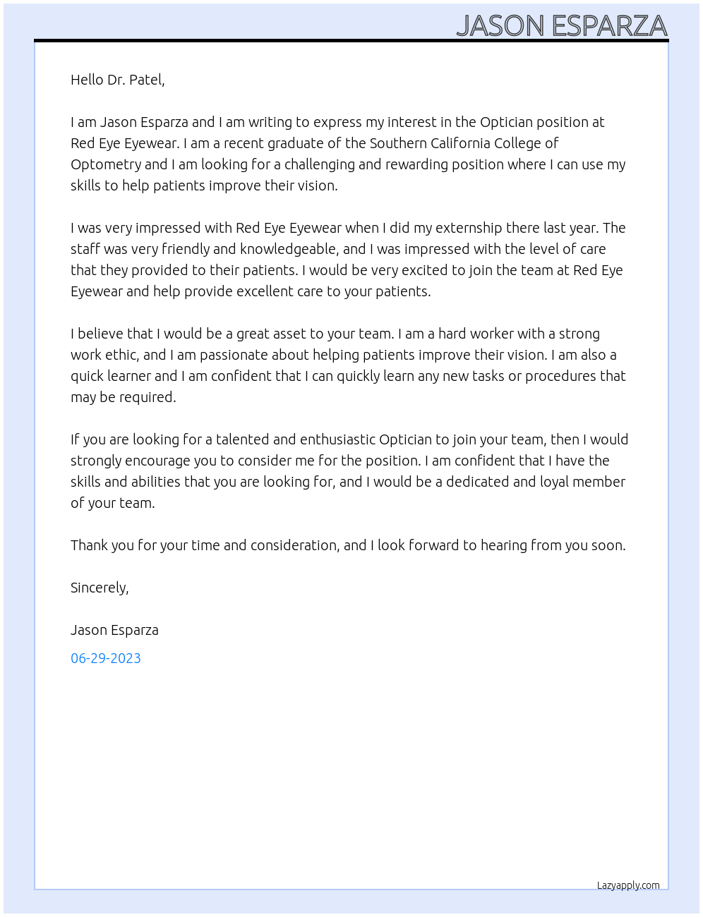 Optician At Red Eye Eyewear Cover Letter