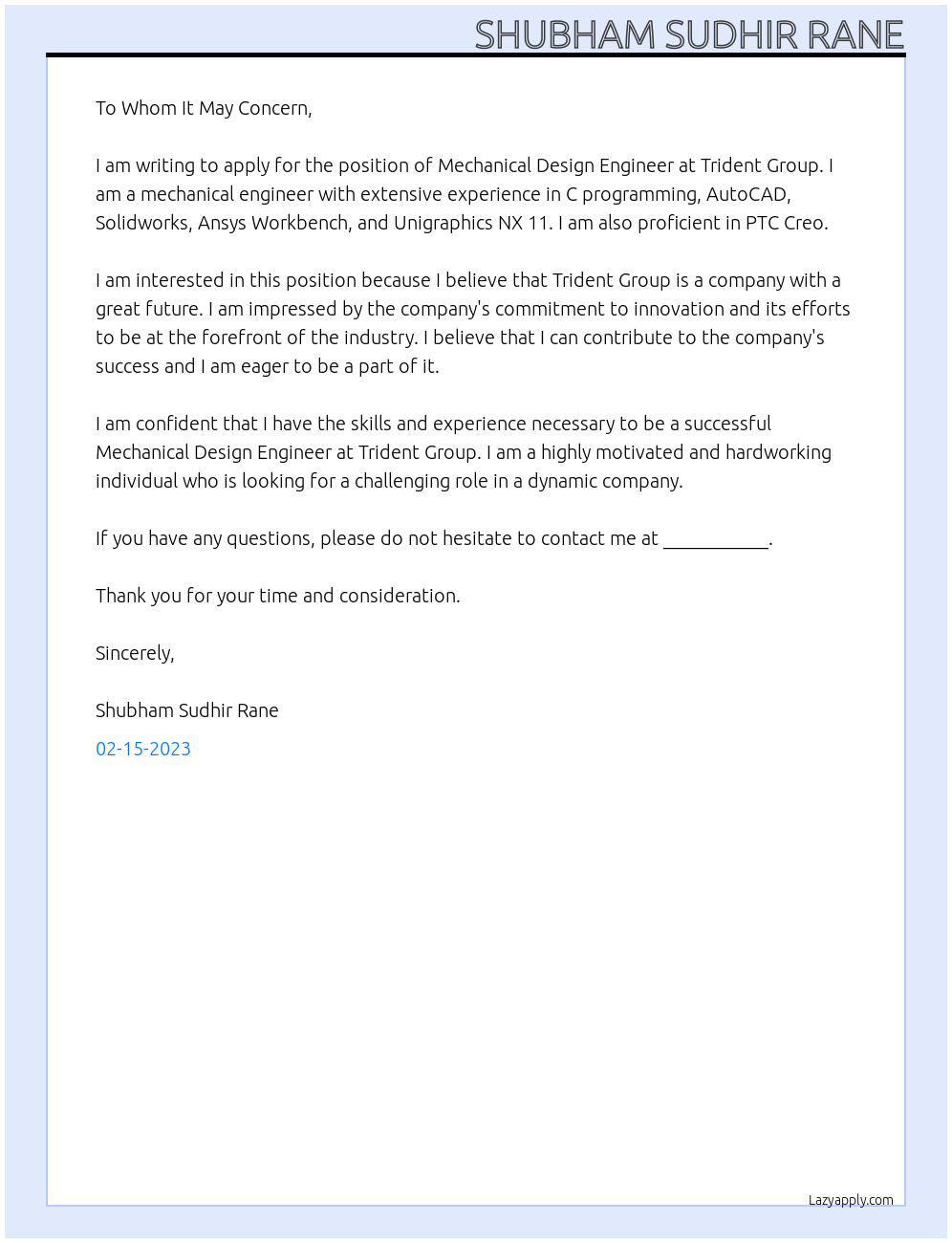 Cover Letter For Trident Group LazyApply