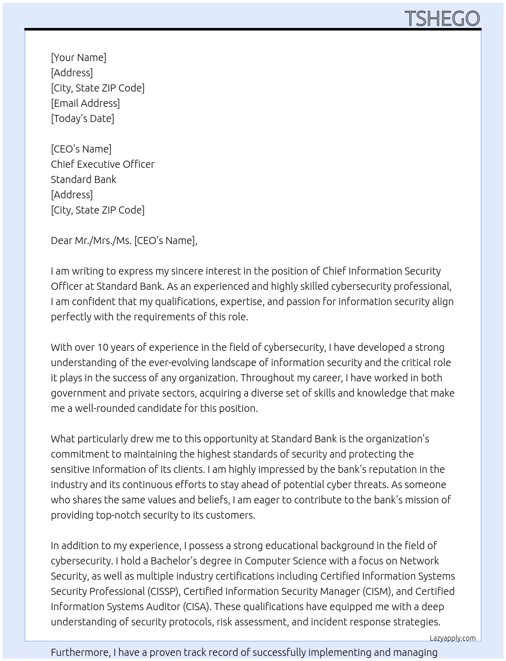 Chief Information Security Officer At Standard Bank Cover Letter
