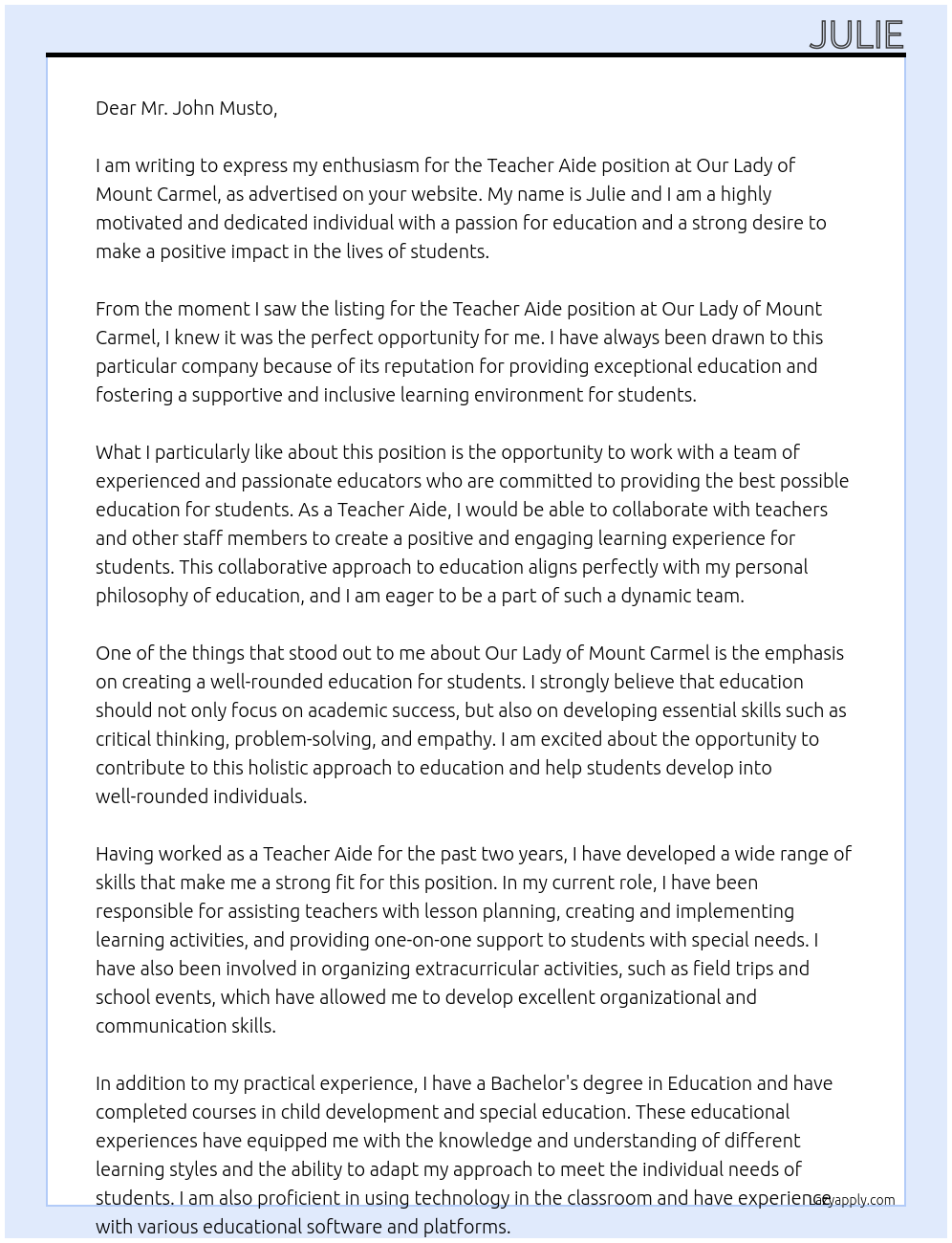 Teacher Aide At Our Lady Of Mount Carmel Cover Letter