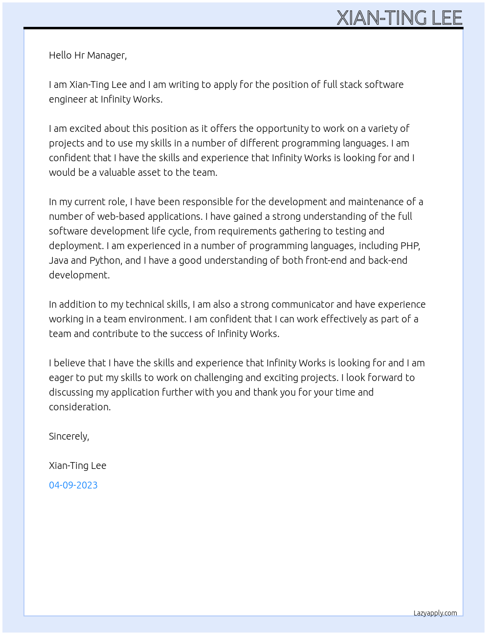 Full stack software engineer At Infinity Works Cover Letter