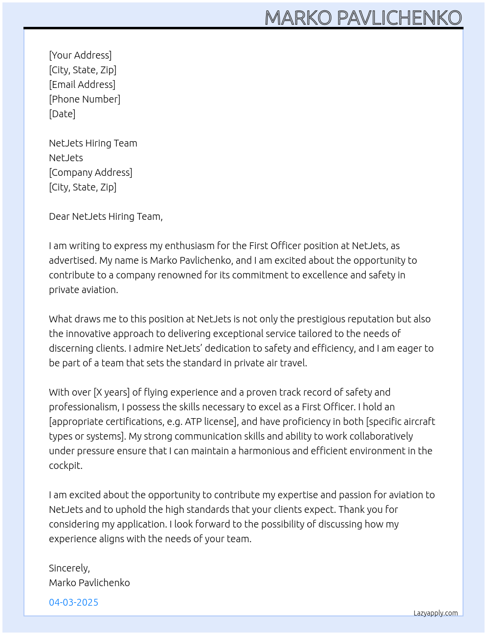 First Officer At NetJets Cover Letter