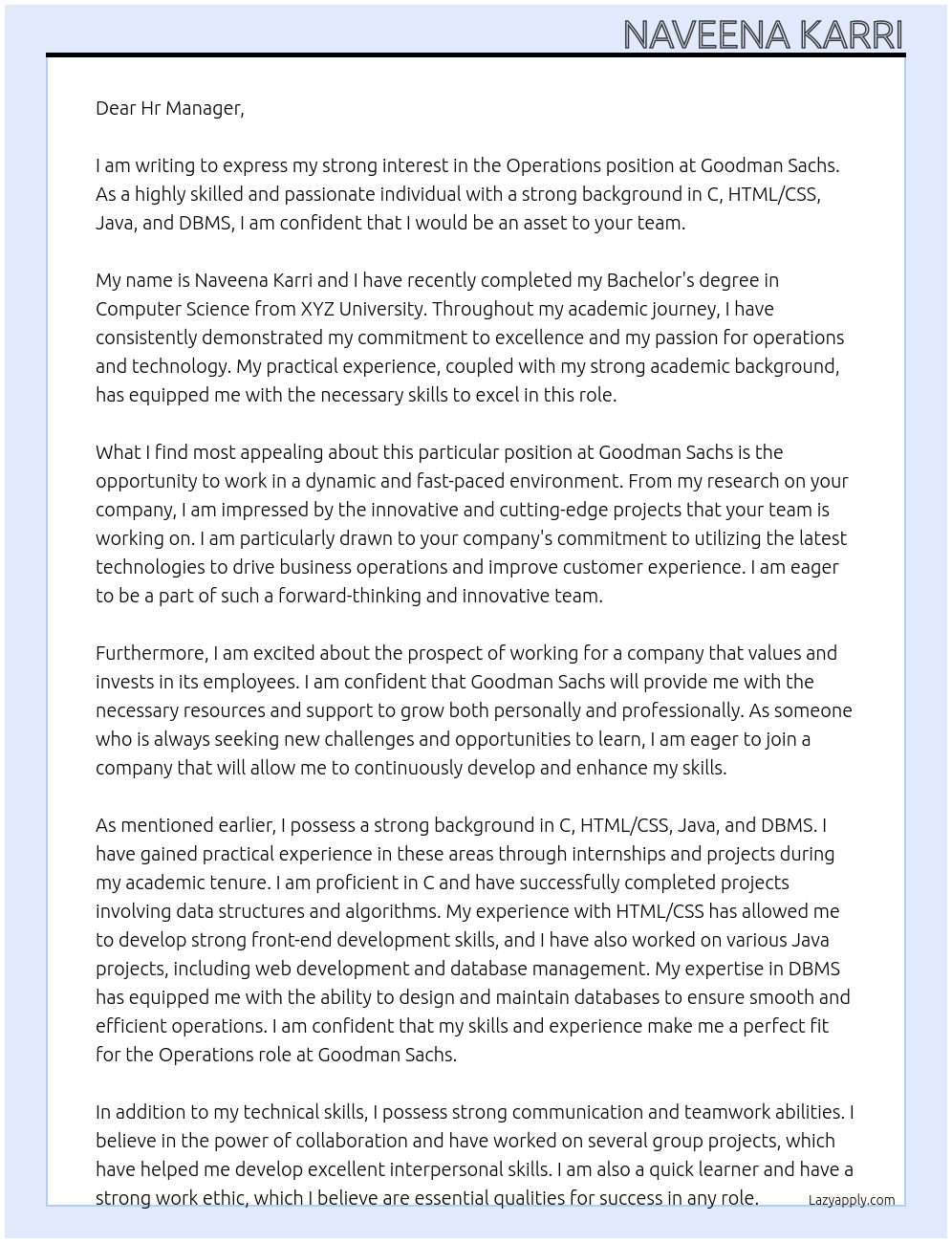 Operations  At Goodman Sachs  Cover Letter