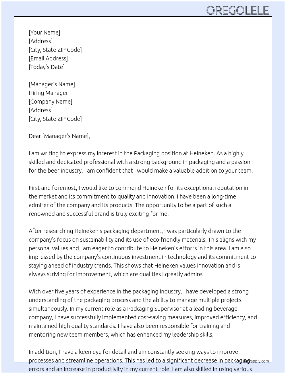 Packaging At Heineken Cover Letter