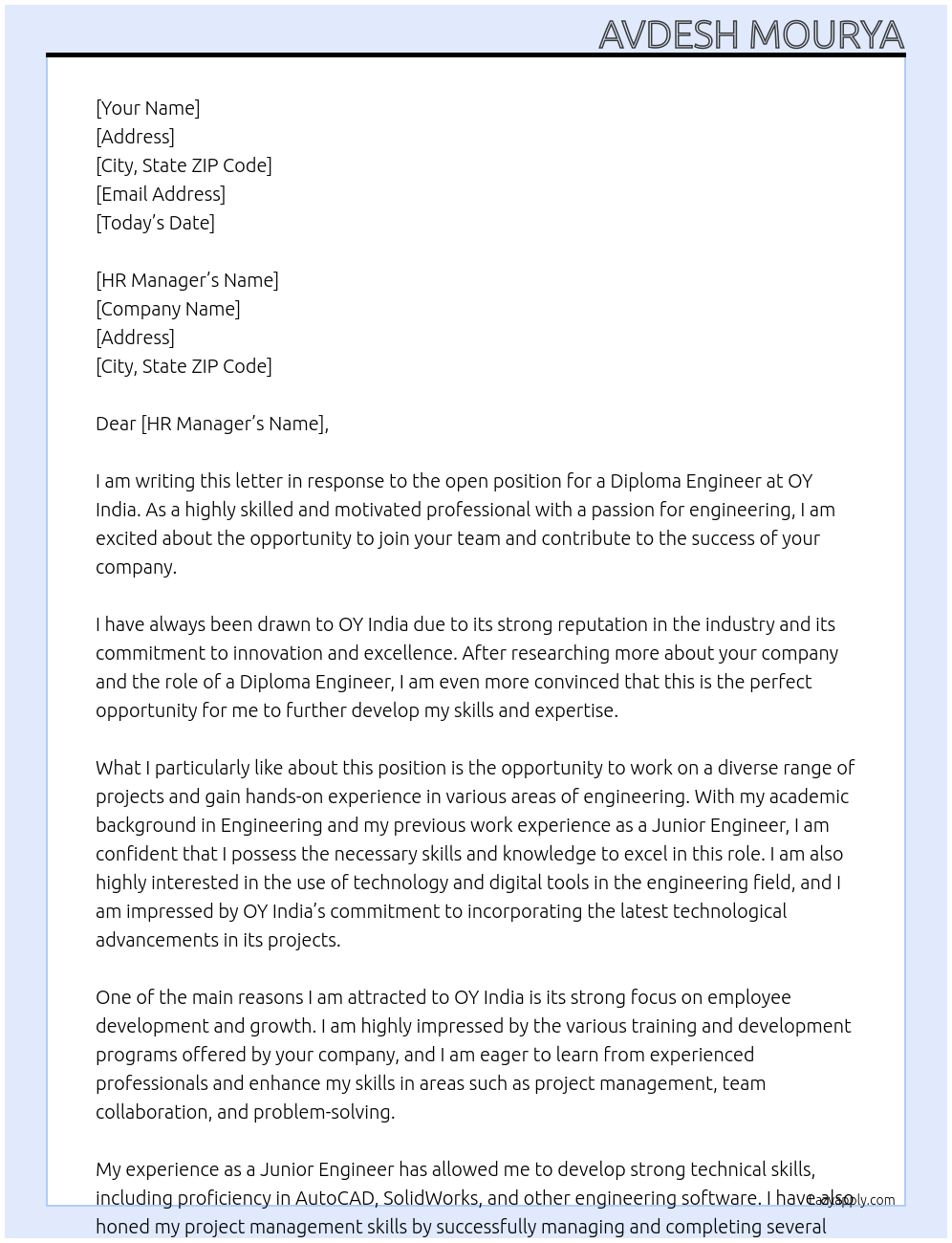 Diploma engineer At OY India Cover Letter