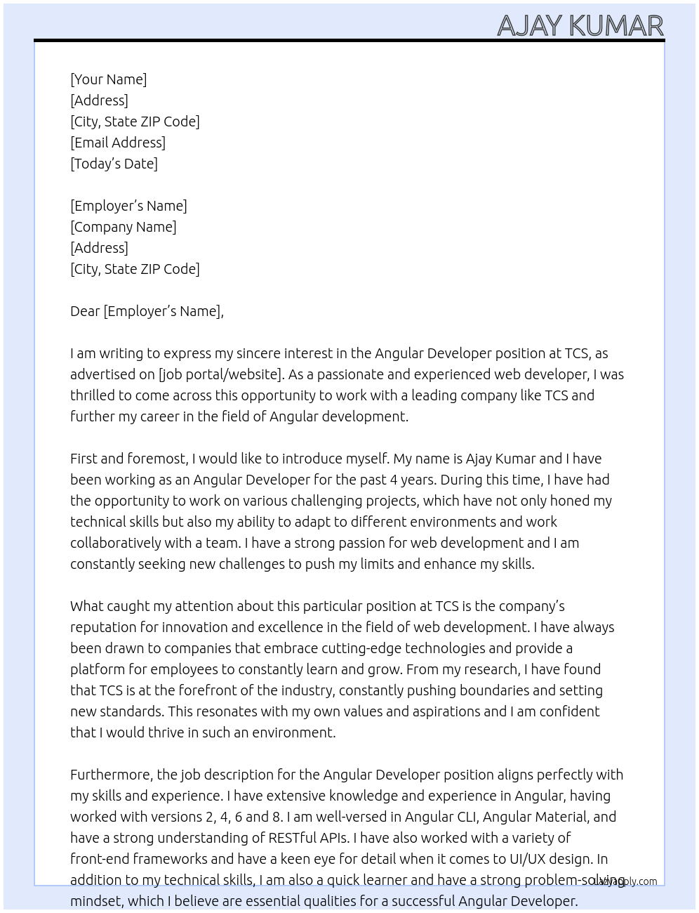 Angular Developer At TCS Cover Letter