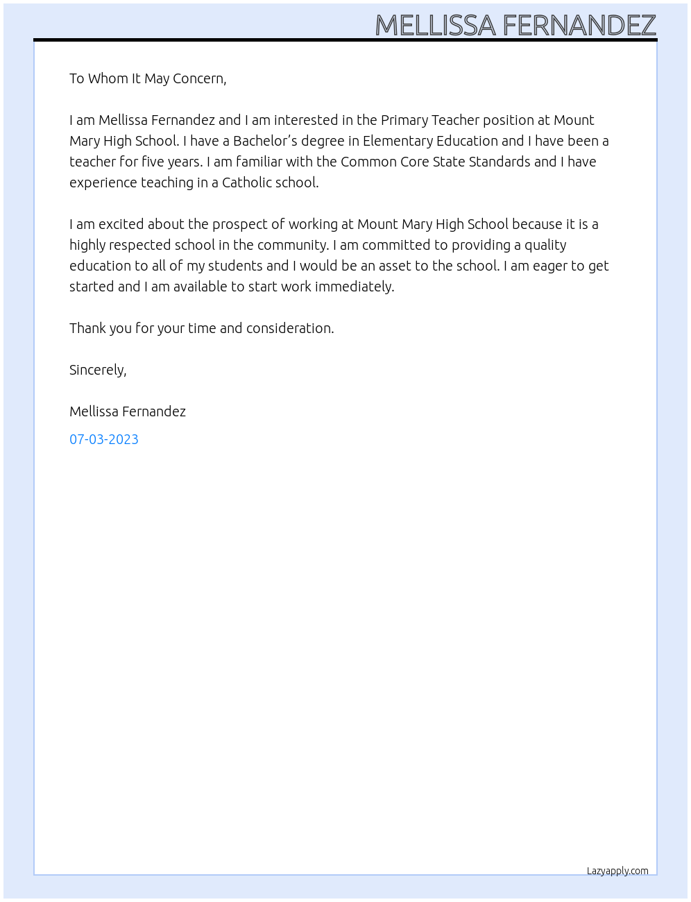 Primary Teacher At Mount Mary High School Cover Letter