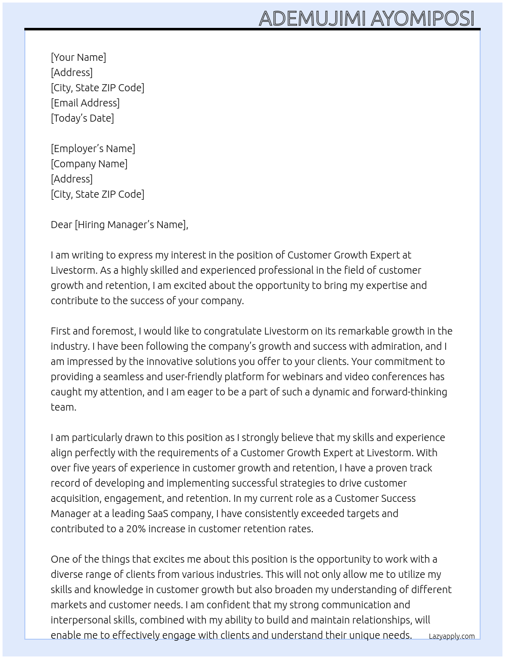 Customer growth expert At Livestorm Cover Letter