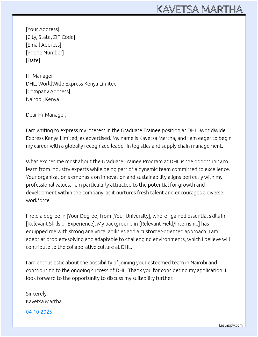 Graduate Trainee  At DHL, WorldWide Express Kenya Limited  Cover Letter