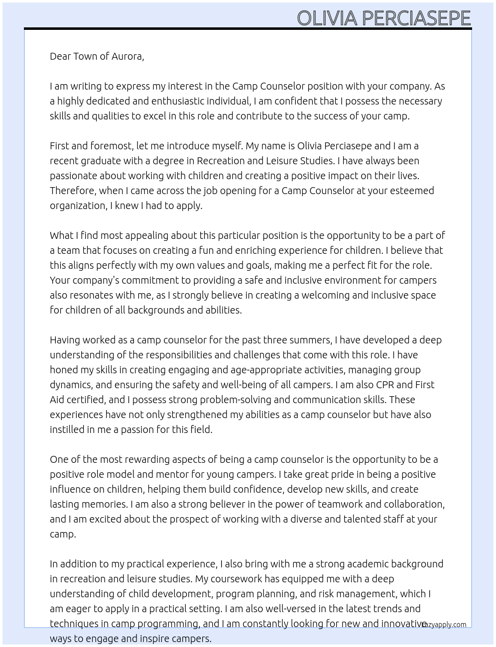 camp councellor At camp counsellor Cover Letter